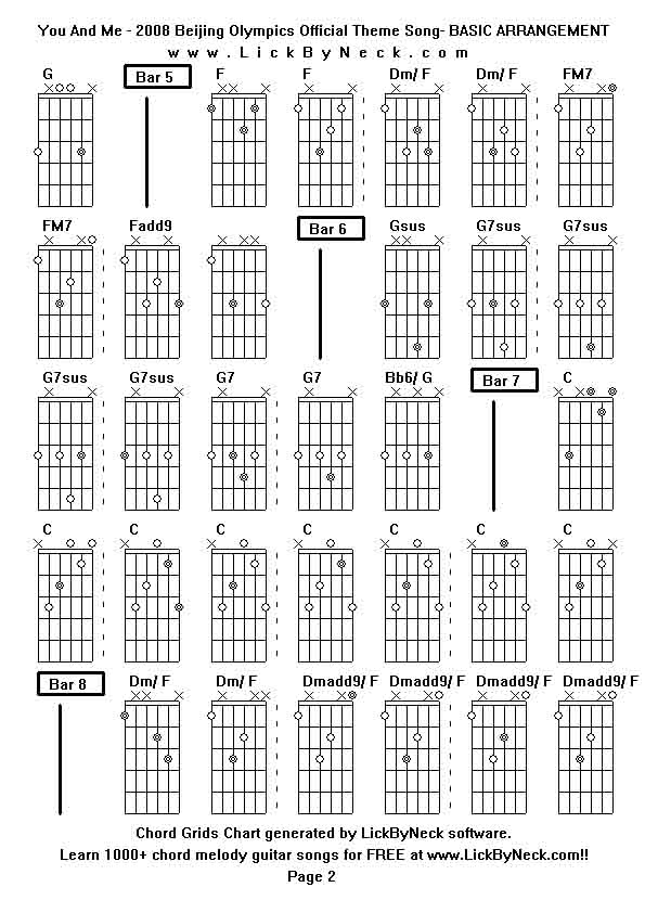 Chord Grids Chart of chord melody fingerstyle guitar song-You And Me - 2008 Beijing Olympics Official Theme Song- BASIC ARRANGEMENT,generated by LickByNeck software.